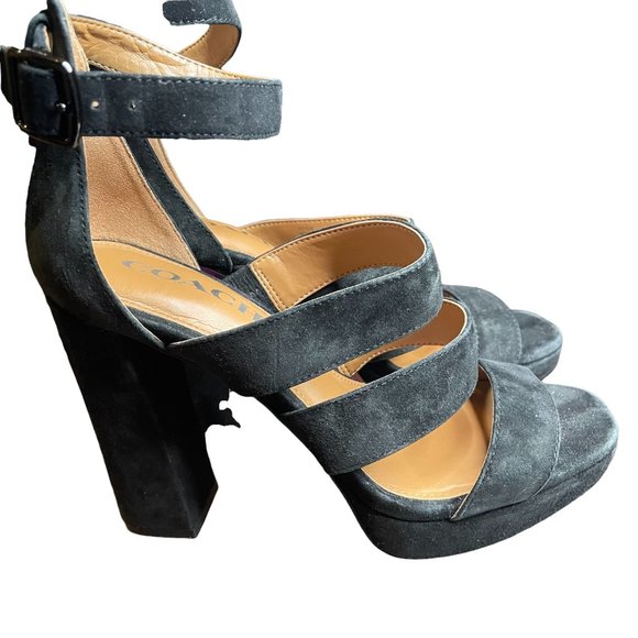 Coach Black Suede Platform Ankle Strap 4.5 Inch Heels Size 7 - Picture 4 of 10